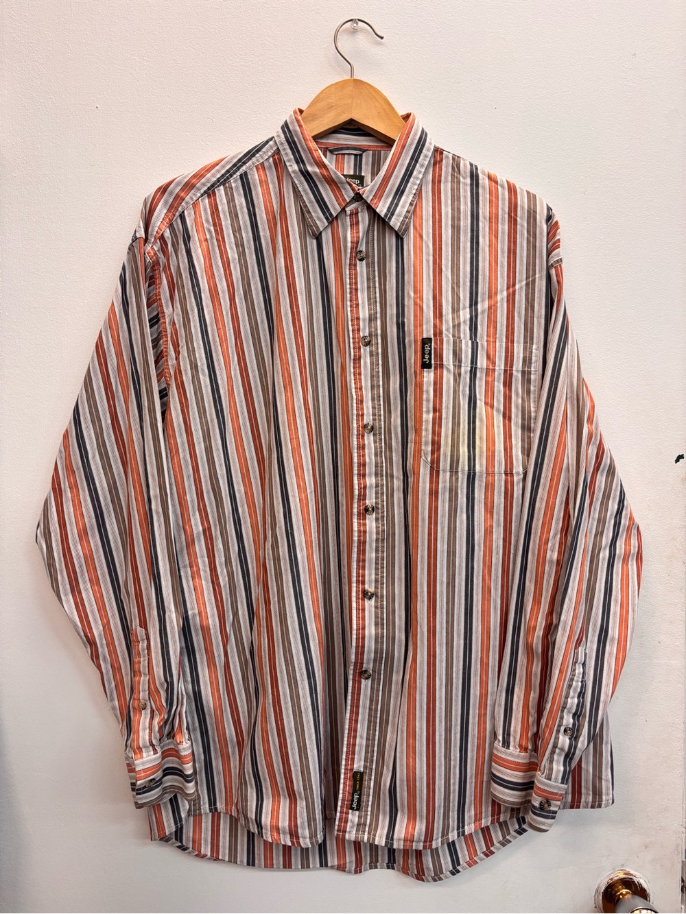 Vintage Jeep Men's Striped Casual Button-Up Shirt - Orange, Gray & White Large